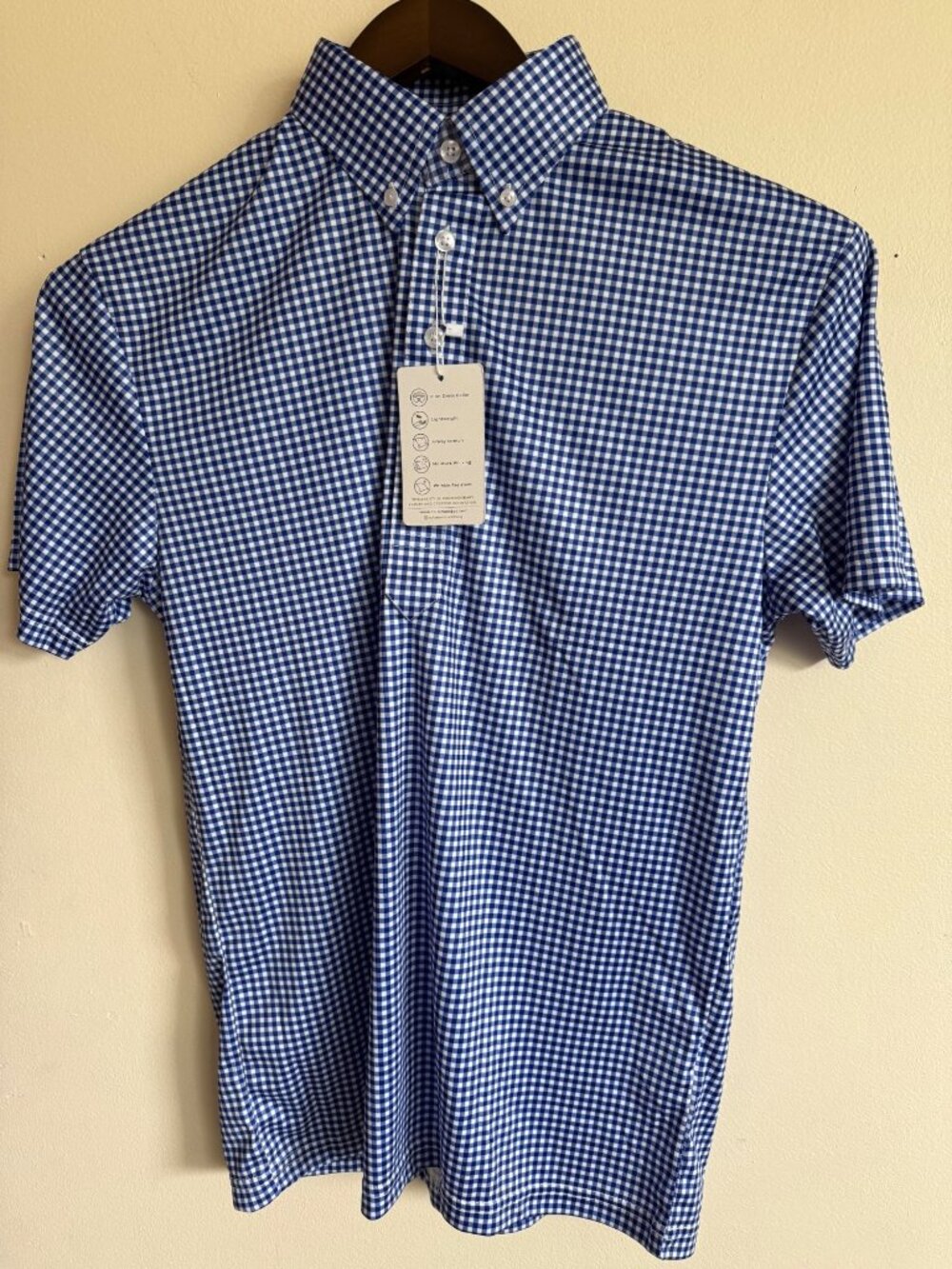 Collars and Co small golf polo preppy Mens Blue Gingham Short Sleeve Dress Colla